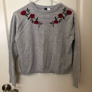 H&M Grey Sweater with Embroidered Roses!